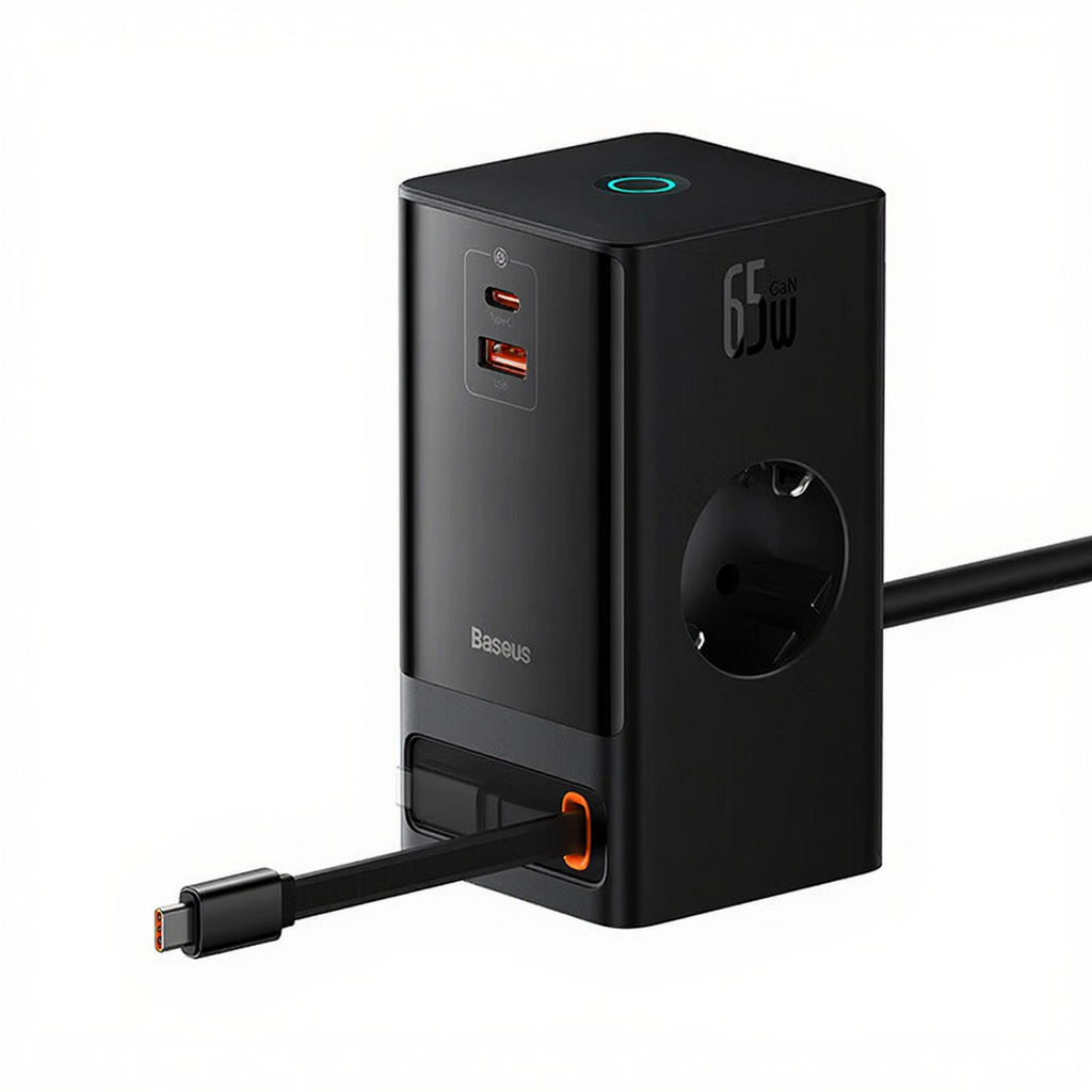 Baseus PowerCombo Station de charge 2 prises AC + 1 prise USB + 1 prise C à cordon rétractable, 65 W avec cordon d’alimentation 1,5 m, norme UE - Noir