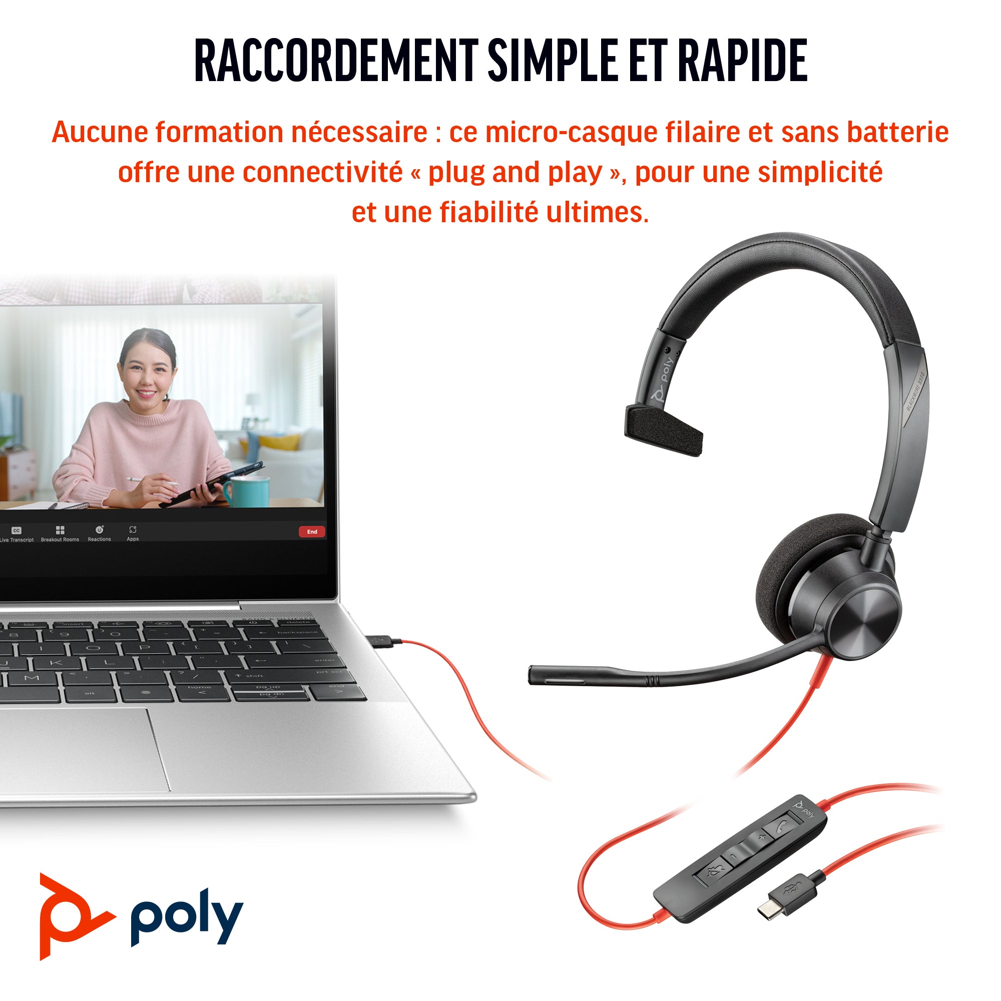 HP Poly Micro-casque Poly Blackwire 3310 monaural USB-C + adaptateur USB-C/A
