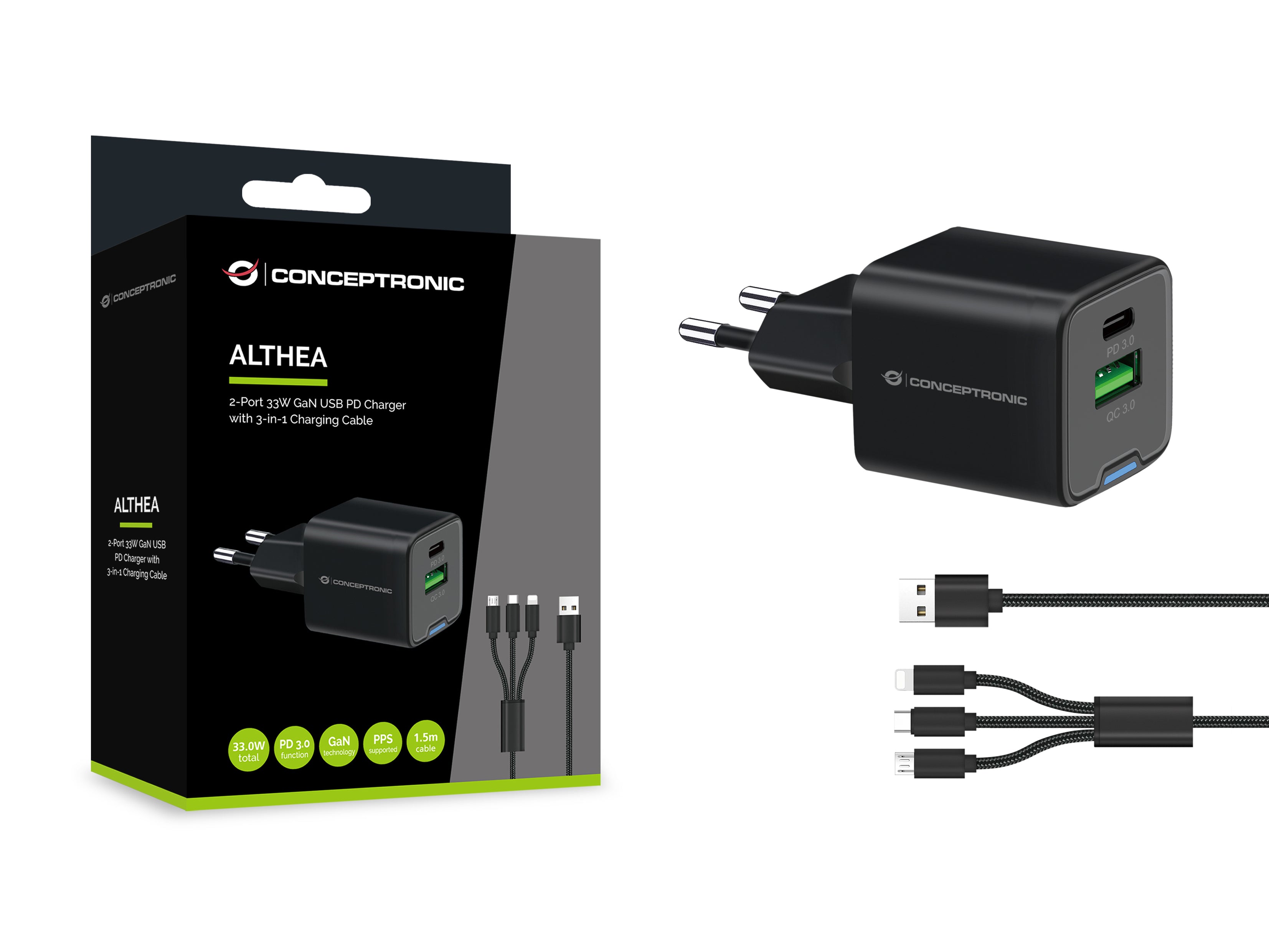 Conceptronic ALTHEA16B chargeur d'appareils mobiles Universel Noir Secteur Charge rapide Intérieure