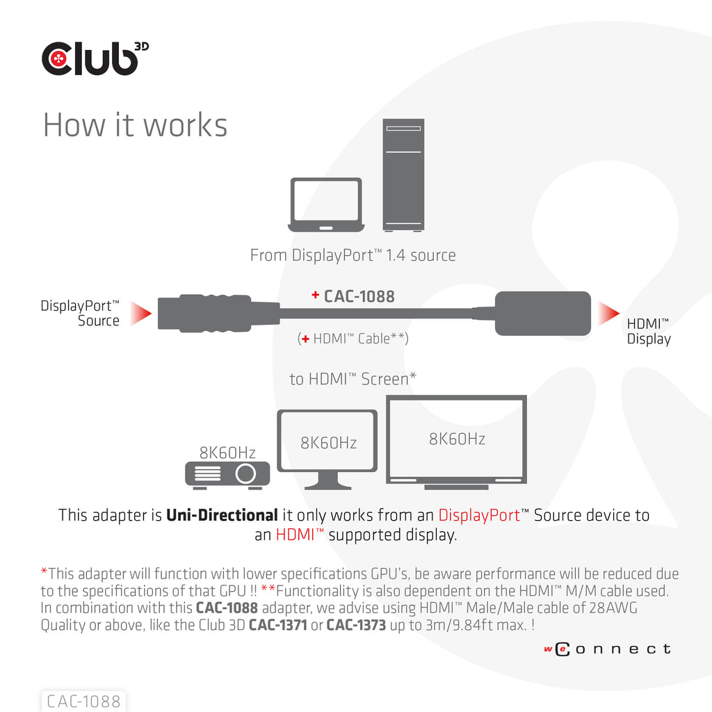 CLUB3D CAC-1088 Câble Adaptateur DisplayPort vers HDMI, Noir, 0,21 m