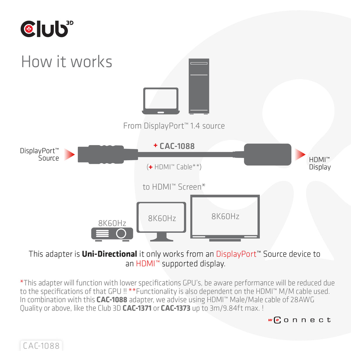 CLUB3D CAC-1088 Câble Adaptateur DisplayPort vers HDMI, Noir, 0,21 m