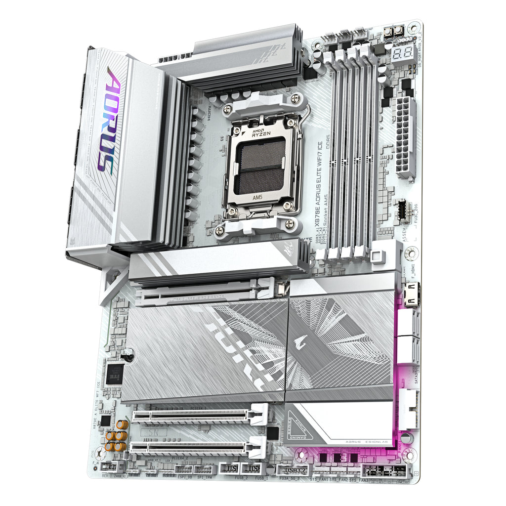 GIGABYTE X870E AORUS ELITE WIFI7 ICE Carte mère - Prend en charge les processeurs AMD Ryzen 9000, VRM numérique 16+2+2 phases, jusqu'à 8200 MHz DDR5 (O.C.), 3x PCIe 5.0 + 1x PCIe 4.0, Wi-Fi 7, LAN 2.5 GbE, USB 4