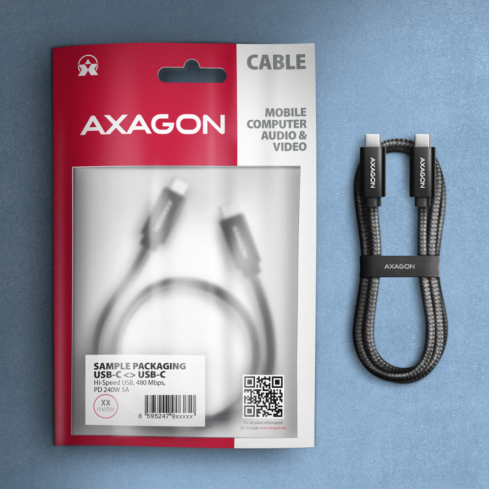 Axagon BUCM2-CM25AB Ladekabel USB-C zu USB-C 2.0, 2,5 m, PD 240 W 5 A, ALU - Schwarz - 2,5 Meter langes USB-C zu USB-C Kabel câble USB USB 2.0 USB C 0,48 Gbit/s Noir