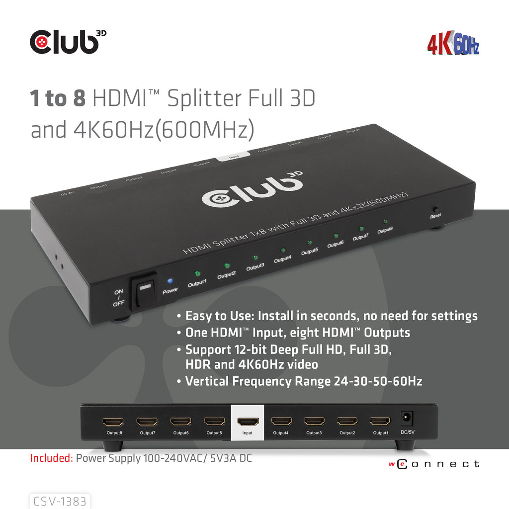 CLUB3D CSV-1383 Répartiteur Vidéo HDMI vers 8x HDMI 4K Ultra HD