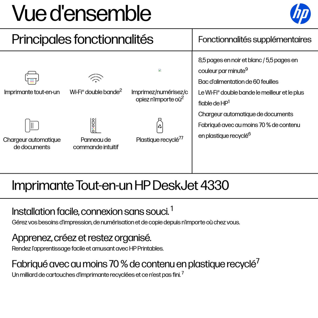 HP DeskJet 4330 Sans fil All-in-One Couleur Imprimante, Instant Ink