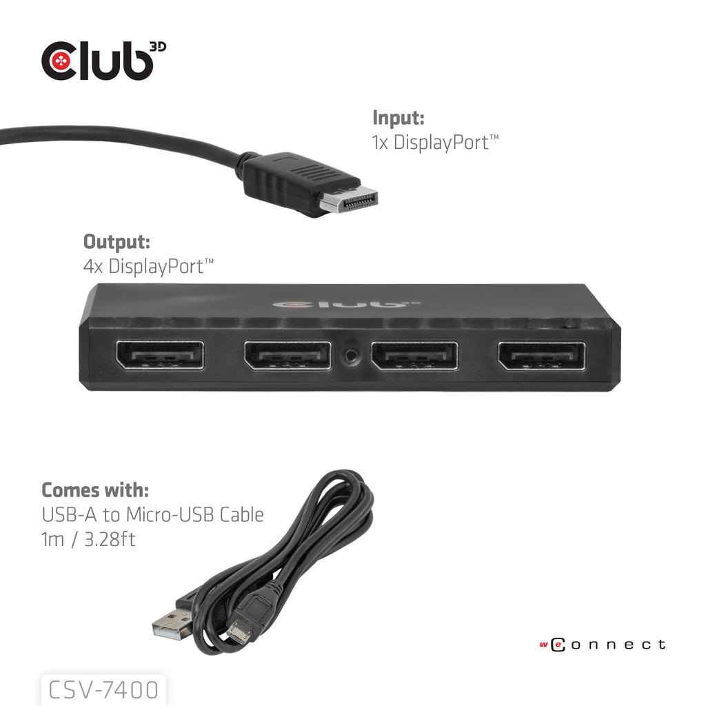CLUB3D CSV-7400 Répartiteur Vidéo DisplayPort vers 4x DisplayPort 4K UHD