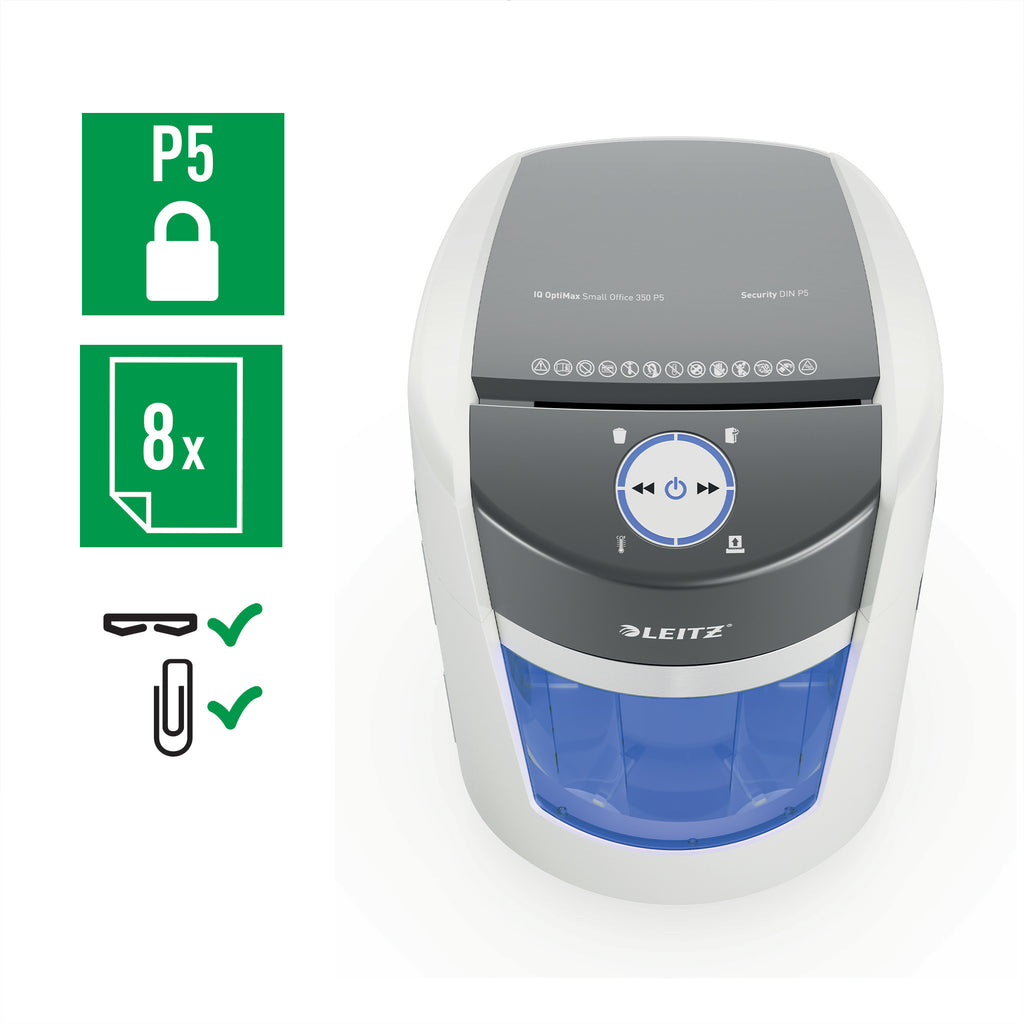 Leitz IQ OptiMax Small Office 350 destructeur de papier Découpage par micro-broyage 58 dB 22,3 cm Gris, Blanc