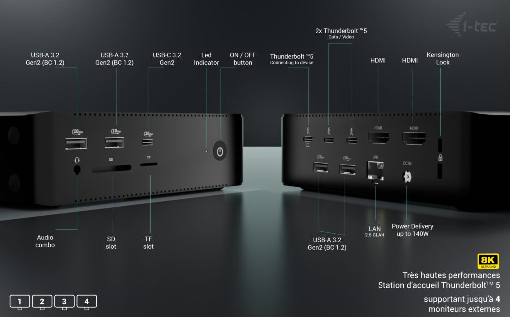 i-tec Thunderbolt 5 Quattro Display Docking Station, 5x USB, 2.5G LAN, Power Delivery 140W