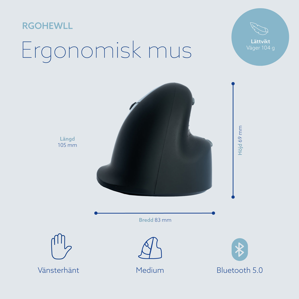 R-Go Tools Souris Ergonomique HE Break, Gaucher, Taille Medium (165-185 mm), Bluetooth, Noir