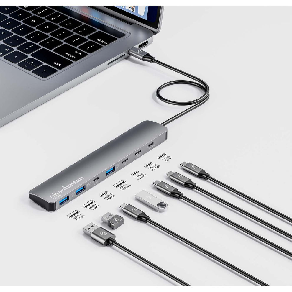 Manhattan Dock/hub USB-C, 7 ports : 3x USB-A + 4x USB-C, Pavec Power Delivery (PD) 100 W - nécessite un chargeur USB-C externe (non inclus). Alimenté par USB (aucune alimentation externe requise) lorsque le PD n’est pas utilisé, aluminium - vue 4