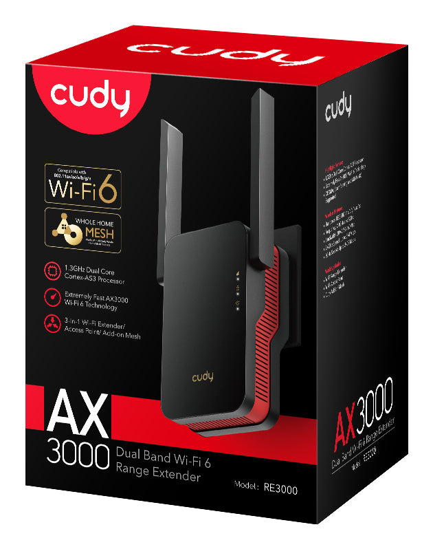 Cudy RE3000 Répéteur WiFi AX3000 Gigabit 10/100/1000 Mbit/s, Noir et Rouge