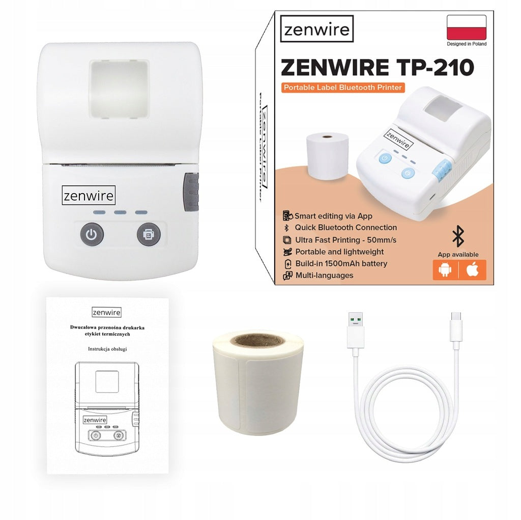 Mini imprimante d'étiquettes thermique portable Bluetooth USB-C avec batterie intégrée de 1500 mAh Zenwire TP-210