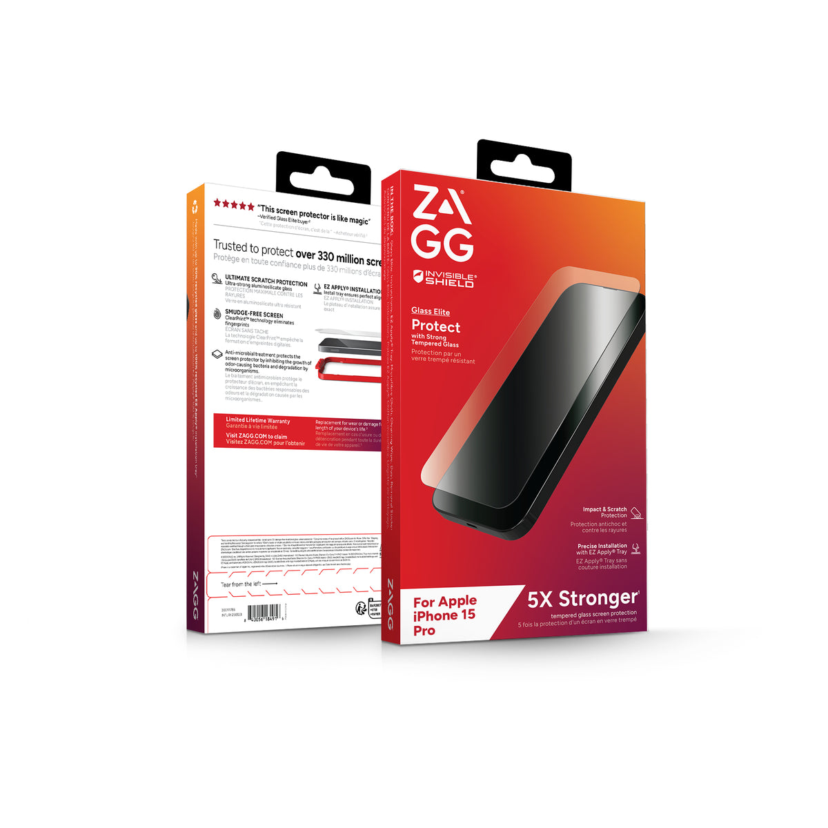 InvisibleShield Glass Elite Protection d'écran en Verre Trempé pour iPhone 15 Pro, Transparent
