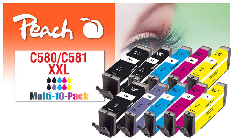 Peach Cartouches d'Encre PI100-437 Rendement Extra Élevé, Pack de 10, Noir, Cyan, Magenta, Bleu Photo, Jaune