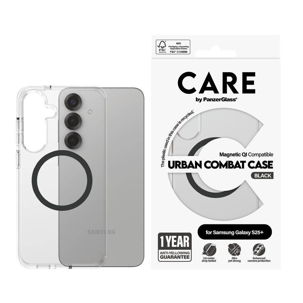 PanzerGlass PanzerGlass CARE™ by ® Urban Combat Case Transparent w. Black Qi Compatible Samsung Galaxy S25+ coque de protection pour téléphones portables Housse