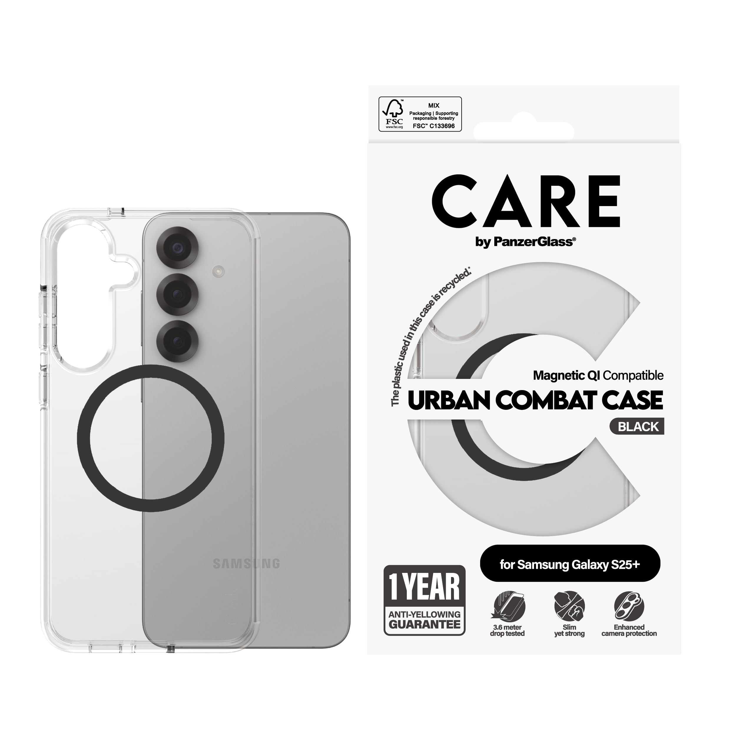 PanzerGlass PanzerGlass CARE™ by ® Urban Combat Case Transparent w. Black Qi Compatible Samsung Galaxy S25+ coque de protection pour téléphones portables Housse