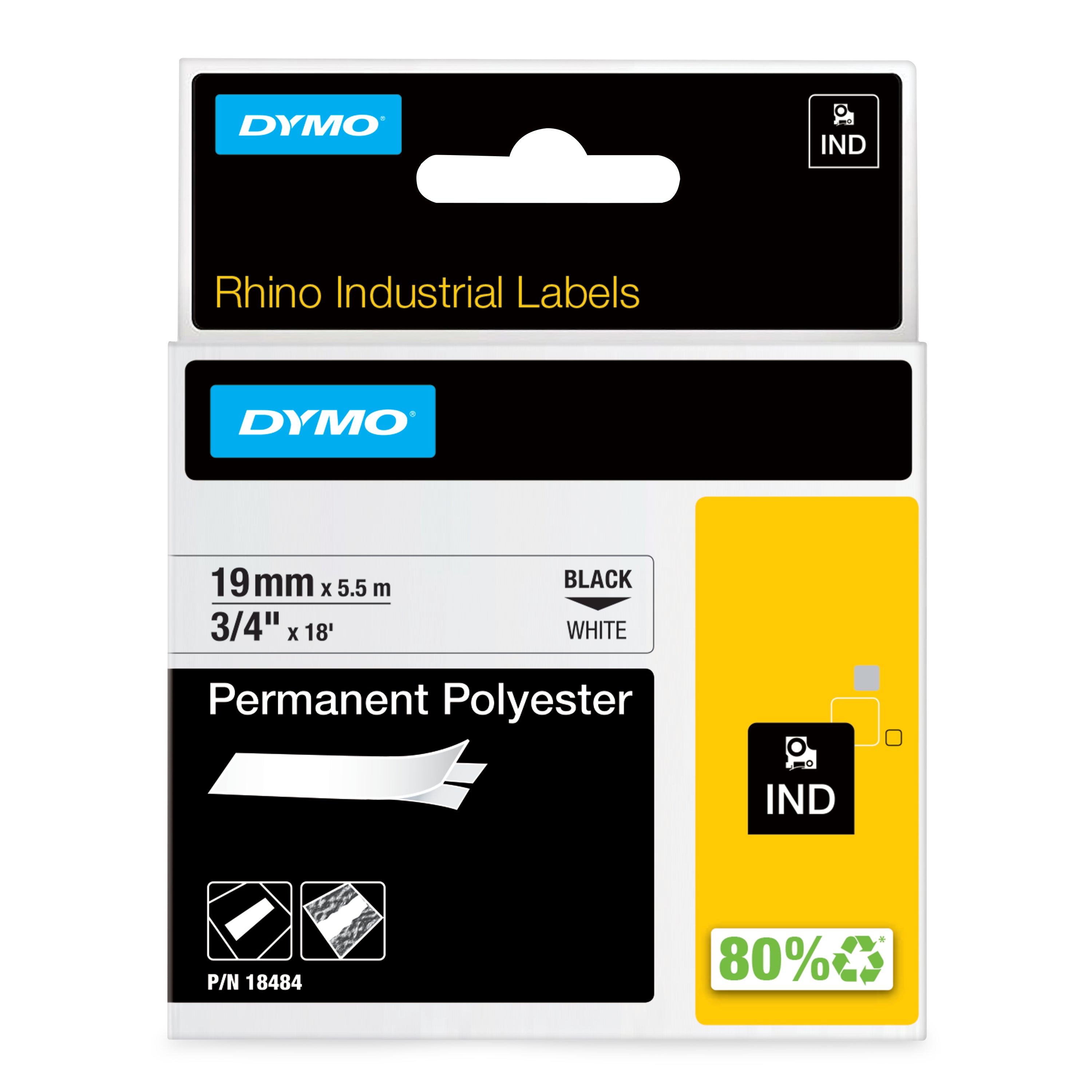 DYMO Rhino Étiquettes Industrielles | polyester permanent | 19 mm x 5,5 m | autocollantes impression en Noir sur fond blanc | pour étiqueteuses Rhino et LabelManager