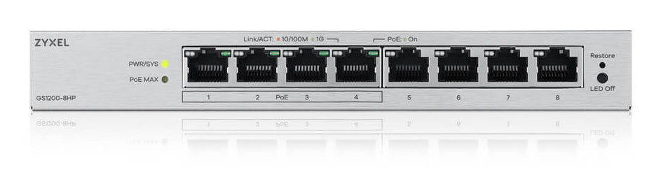 Zyxel GS1200-8HPV3 Géré L2 Gigabit Ethernet (10/100/1000) Connexion Ethernet, supportant l'alimentation via ce port (PoE) Bureau Gris