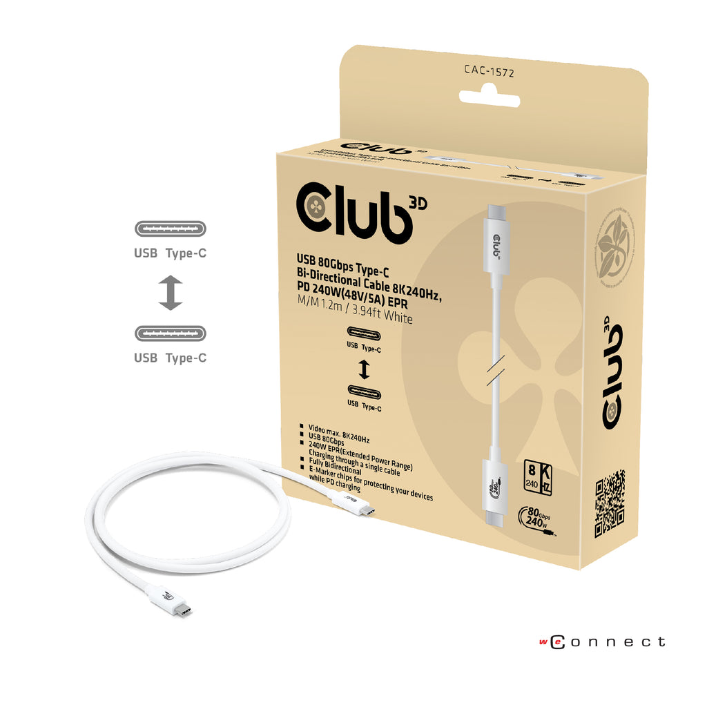 CLUB3D CAC-1572 Câble USB4 Gen 2x2 USB-C vers USB-C, 80 Gbit/s, 240W, 1,2 m, Blanc