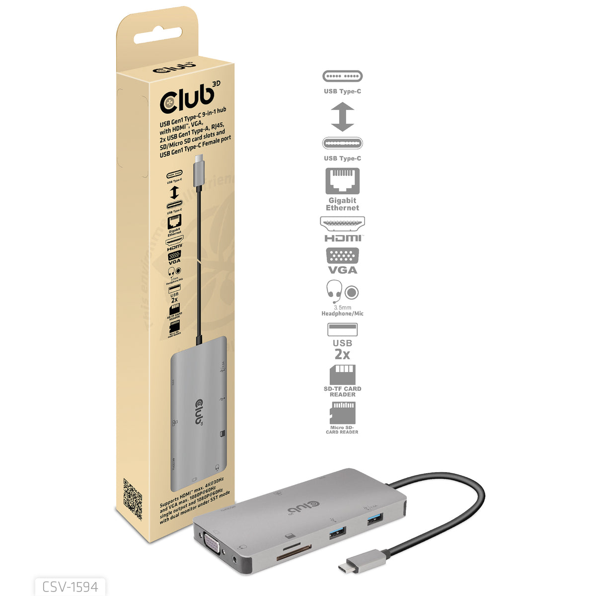 CLUB3D CSV-1594 Station d'accueil USB 3.2 Gen 1 Type-C, Noir et Gris