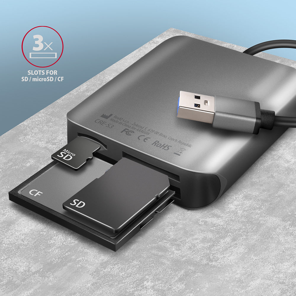 Axagon CRE-S3 External card reader USB-A 3.2 Gen 1 3-slot & lun SD/microSD/CF lecteur de carte mémoire USB 3.2 Gen 1 (3.