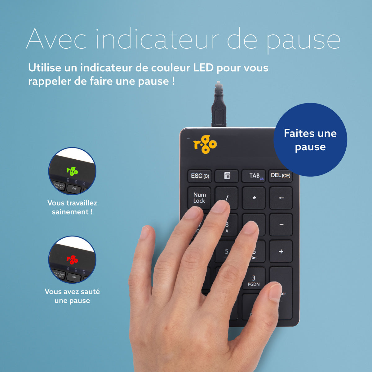 R-Go Tools Clavier R-Go Numpad Break, clavier numérique ergonomique avec logiciel de pause, filaire, noir