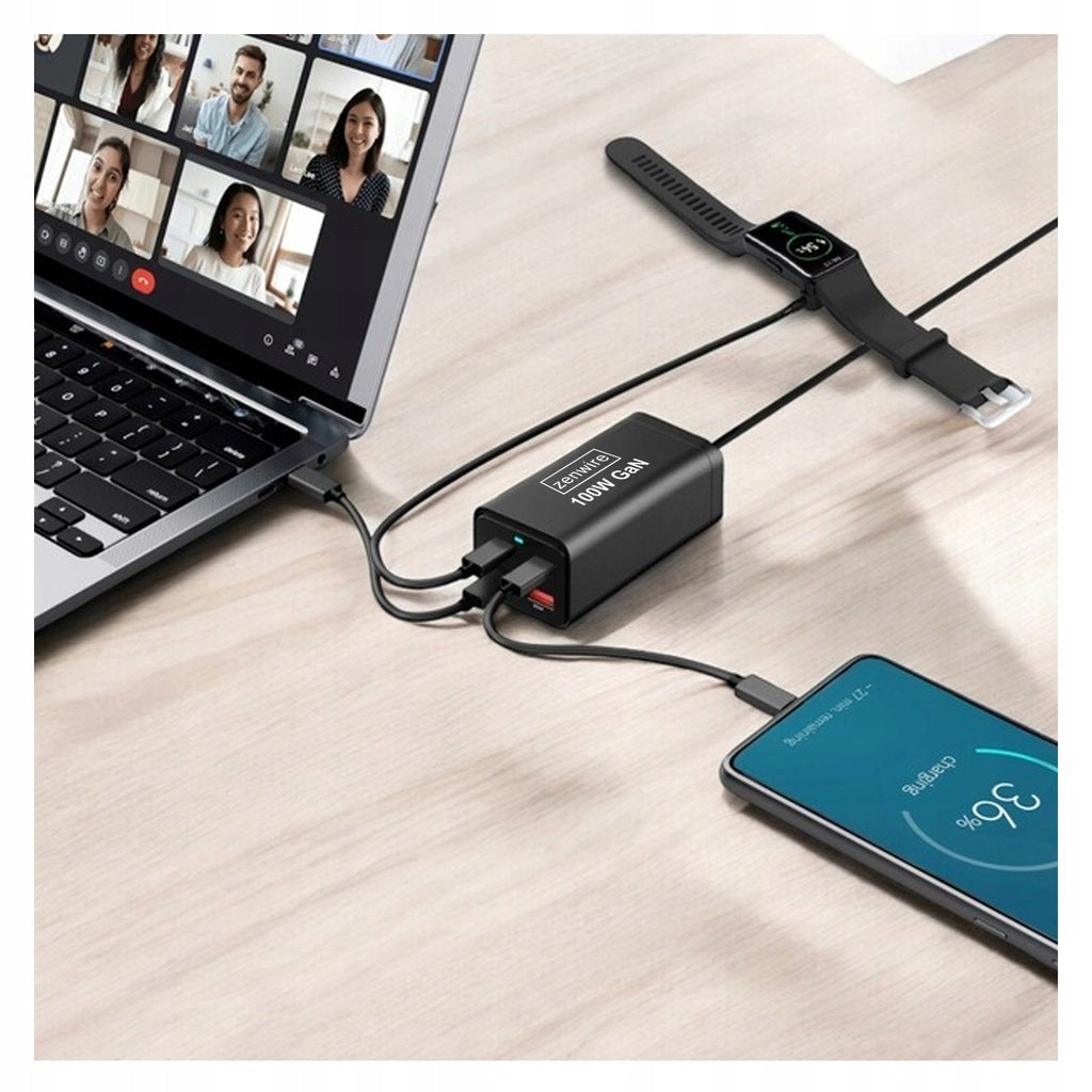 Chargeur secteur, bloc d'alimentation 100 W, adaptateur GaN III, câble secteur, 2 ports USB-C 65 W, 2 ports USB-A, Zenwire YMS-608