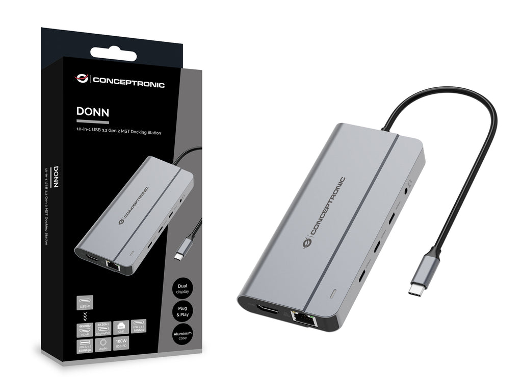 Conceptronic DONN34G station d'accueil Avec fil USB 3.2 Gen 2 (3.1 Gen 2) Type-C Gris