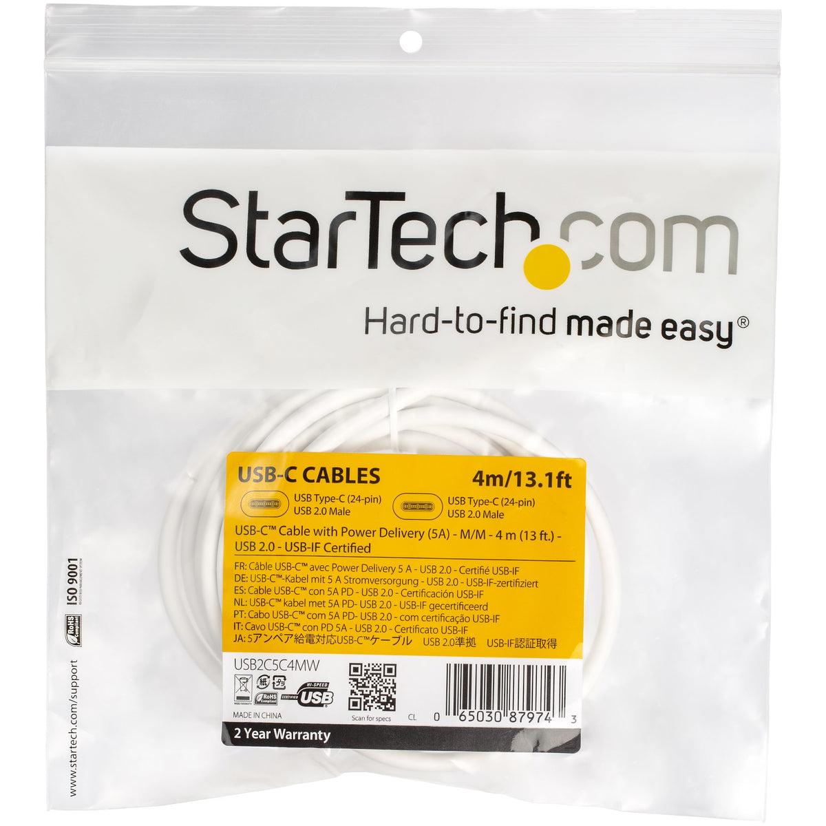 StarTech.com Câble de Charge Rapide USB-C 4m, 100W 5A PD, Synchronisation USB 2.0, Certifié USB-IF, Blanc