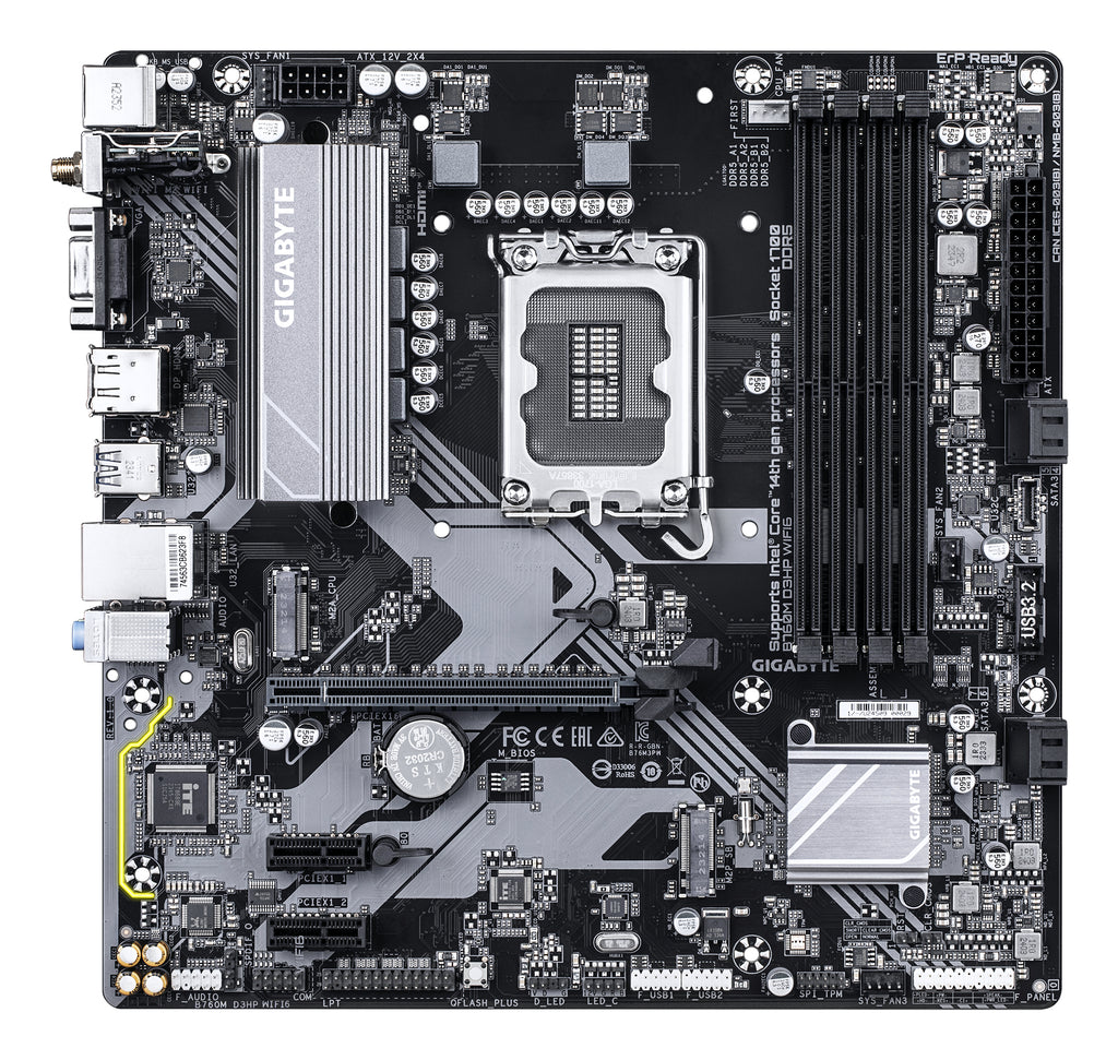 GIGABYTE B760M D3HP WIFI6 Carte mère - Compatible avec les processeurs Intel Core 14e génération, VRM numérique 4+1+1 phases, jusqu'à 5600 MHz DDR5, 2x M.2 PCIe 4.0, Wi-Fi 6, LAN GbE, USB 3.2 Gen 1