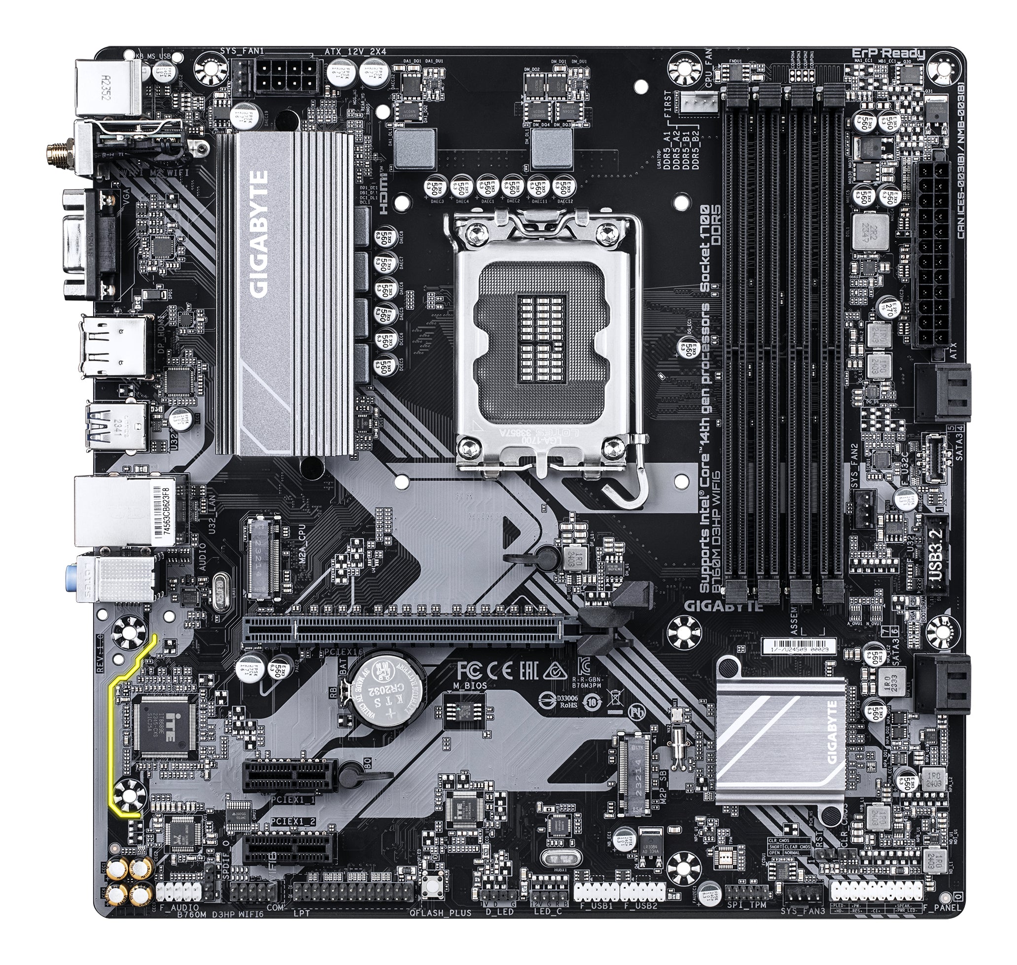 GIGABYTE B760M D3HP WIFI6 Carte mère - Compatible avec les processeurs Intel Core 14e génération, VRM numérique 4+1+1 phases, jusqu'à 5600 MHz DDR5, 2x M.2 PCIe 4.0, Wi-Fi 6, LAN GbE, USB 3.2 Gen 1