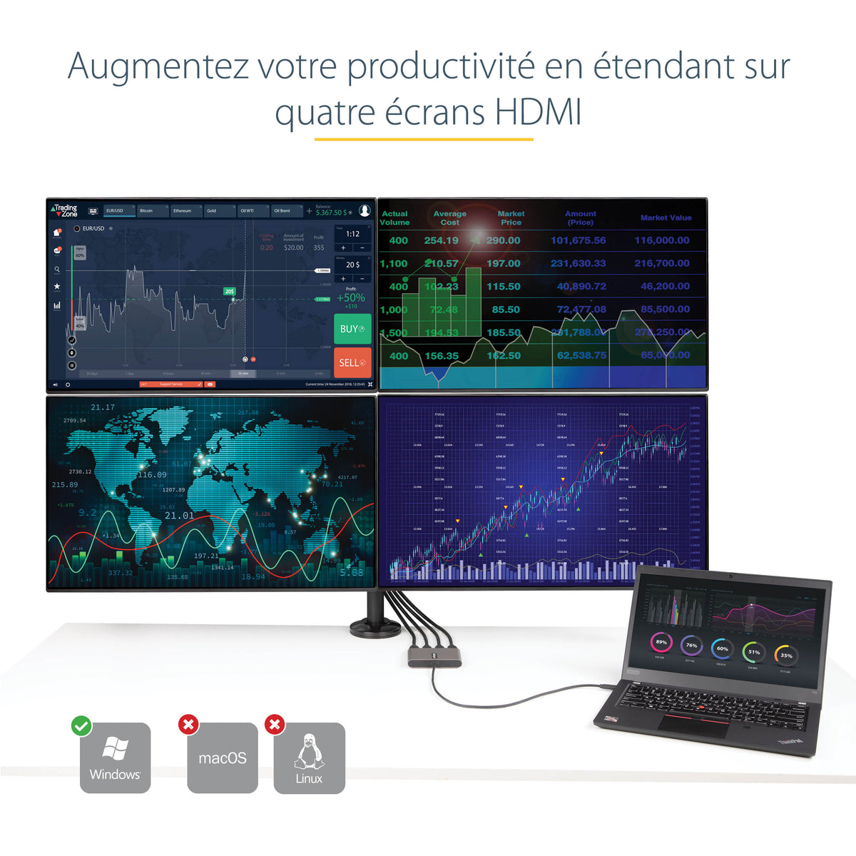StarTech.com Adaptateur USB C vers Quad HDMI, Convertisseur de Moniteur USB-C vers 4x HDMI pour Windows (pas de support pour macOS/ChromeOS/Linux) - TAA - vue 7