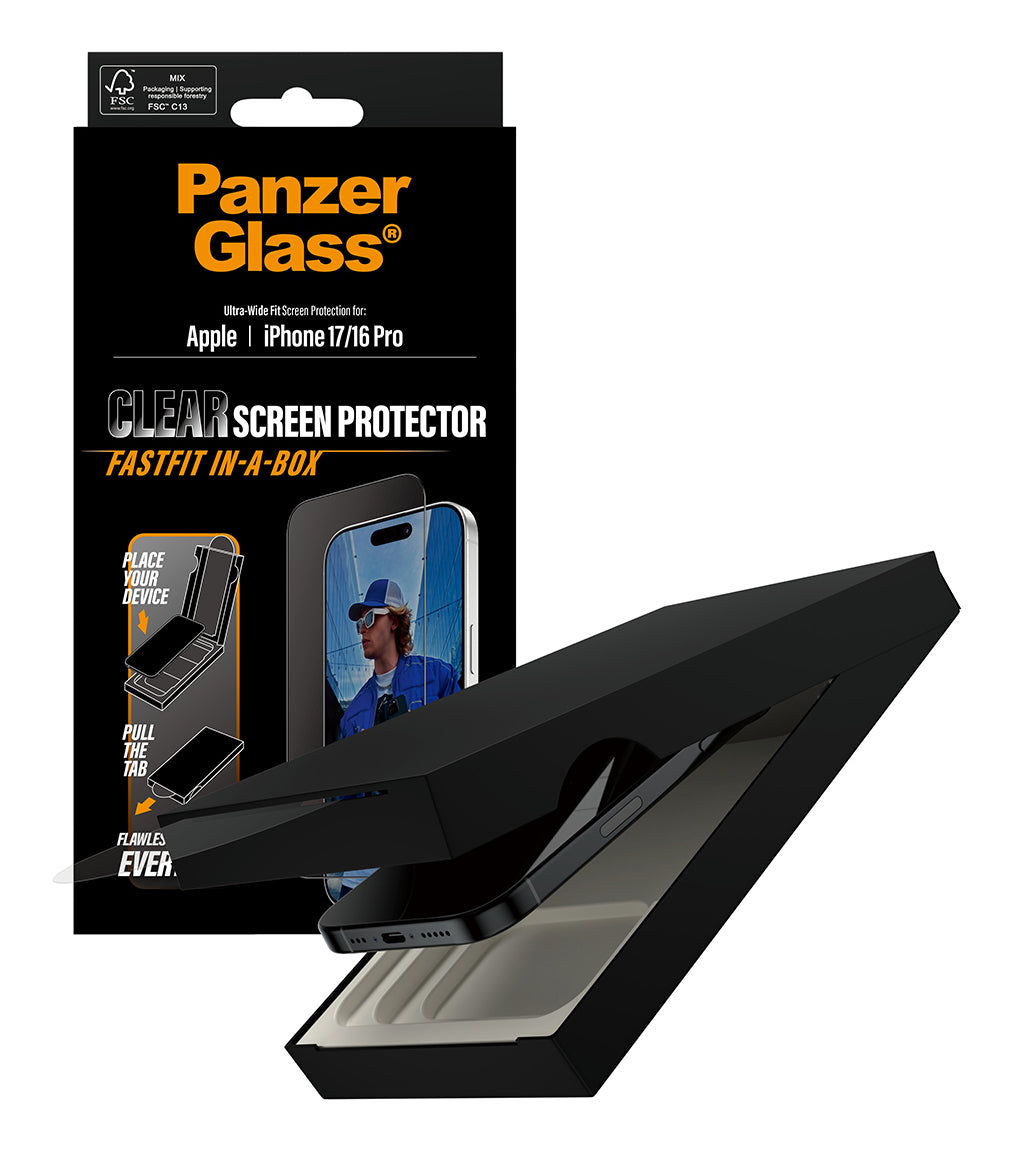 PanzerGlass ® Screen Protector iPhone 17 | iPhone 16 Pro | Ultra-Wide Fit w. Fastfit in-a-box Protection d'écran transparent Apple 1 pièce(s)