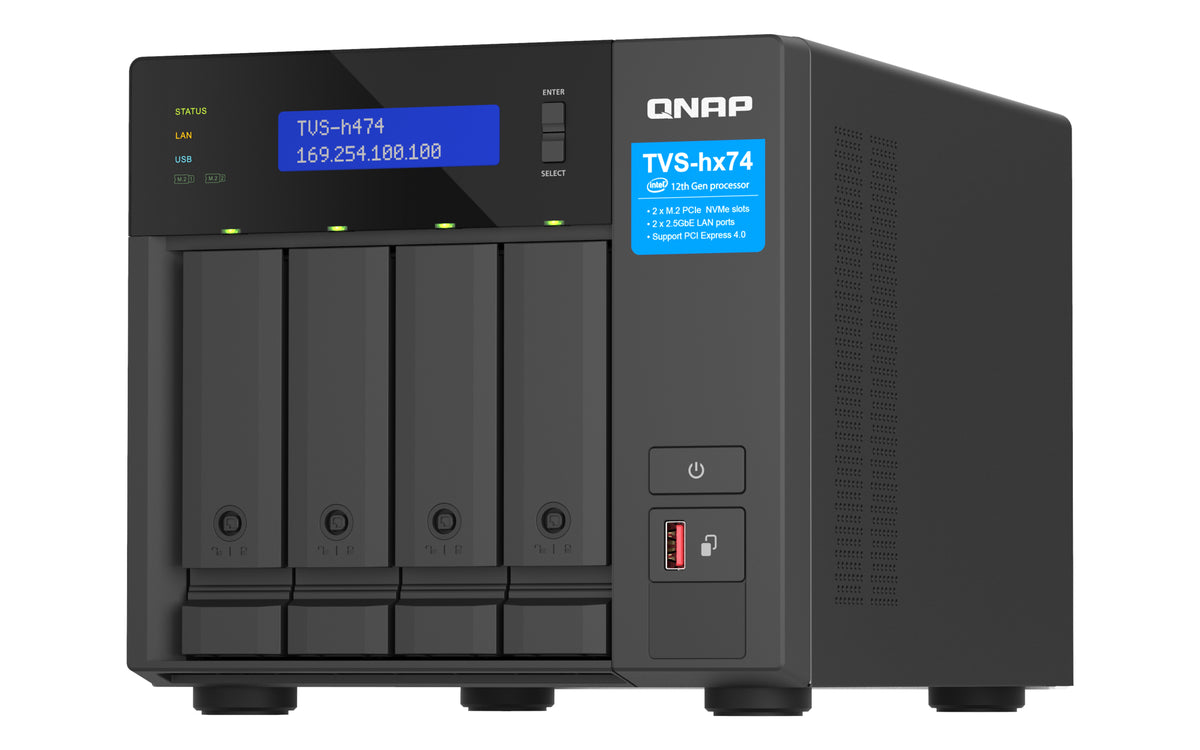 QNAP TVS-H474 NAS Tower Intel® Core™ i3 i3-12100 8 Go DDR4 0 To QuTS hero Noir