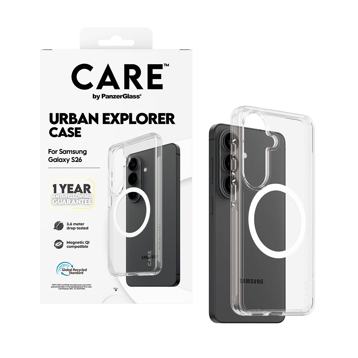PanzerGlass CARE Urban Explorer Coque Transparent avec White Qi pour Samsung Galaxy S26