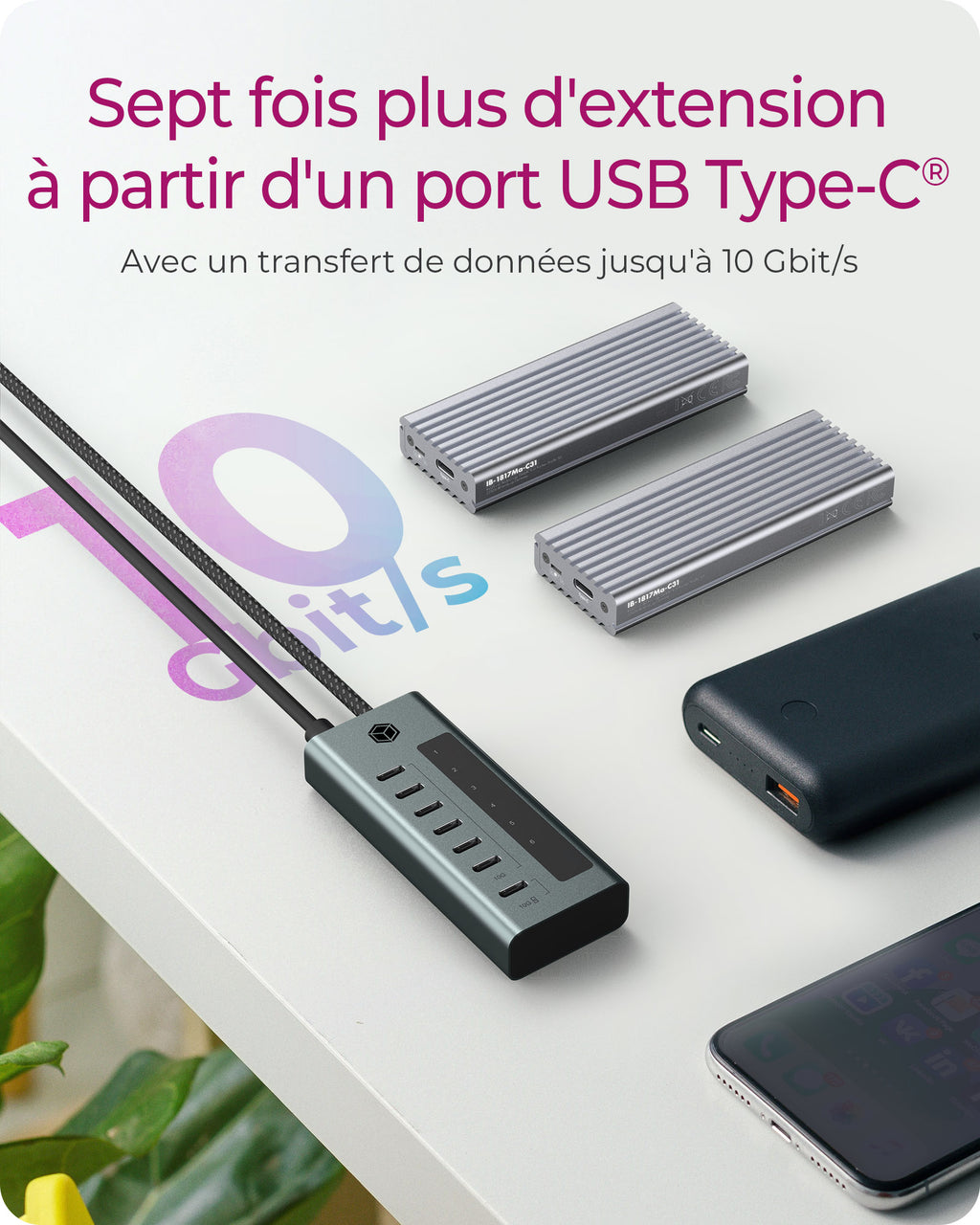 ICY BOX IB-HUB1457-C31 USB 3.2 Gen 1 (3.1 Gen 1) Type-C 10000 Mbit/s Bleu, Gris
