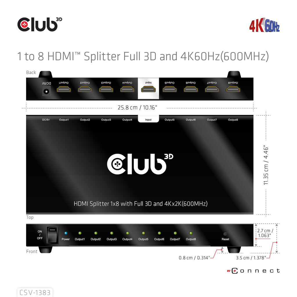 CLUB3D CSV-1383 Répartiteur Vidéo HDMI vers 8x HDMI 4K Ultra HD