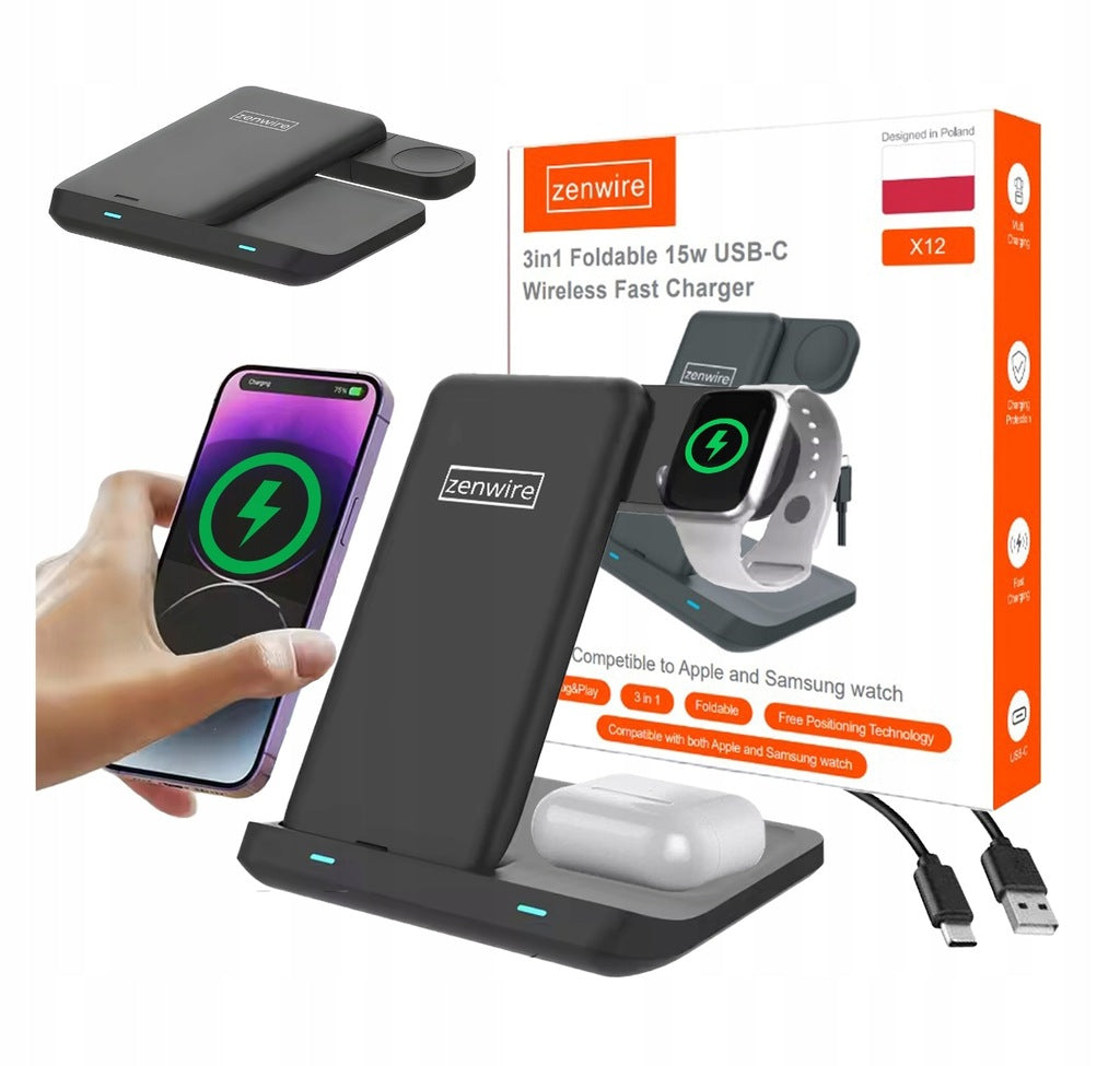 Chargeur sans fil 3-en-1 USB-C à induction pour téléphone, smartphone, montre connectée, écouteurs TWS, AirPods et Buds - Zenwire X12