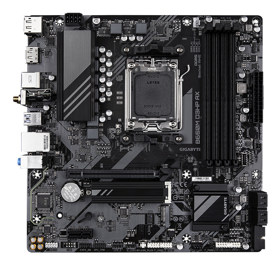 GIGABYTE B650M D3HP AX Carte mère - AMD Ryzen série 9000, VRM 5+2+2 phases, jusqu'à 8000 MHz DDR5 (OC), 2xPCIe 4.0 M.2, WIFI 6E, LAN 2,5 GbE, USB 3.2 Gen 1
