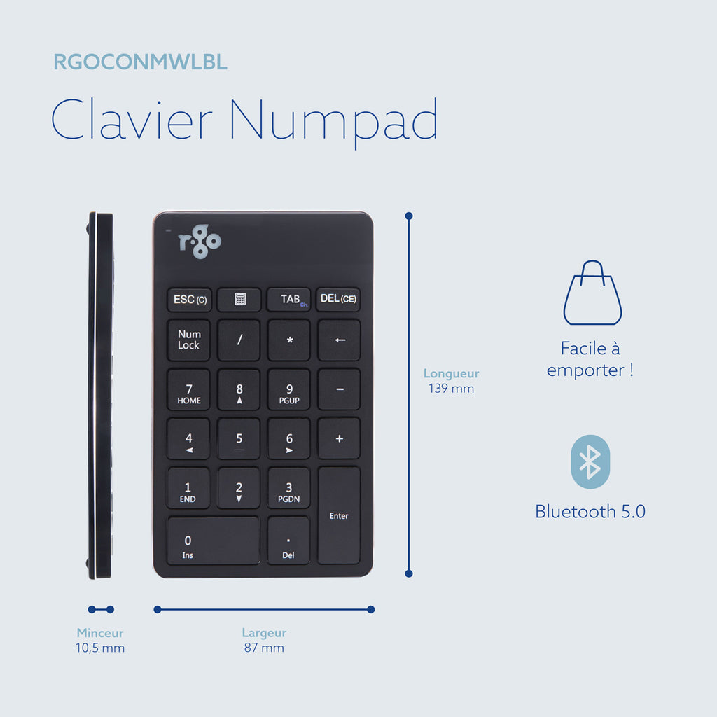 R-Go Tools Numpad Break, Clavier Numérique Ergonomique Bluetooth, Noir