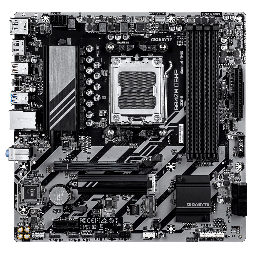 GIGABYTE B840M D3HP Carte Mère – Processeurs AMD Ryzen 9000, VRM 8+2+2 phases, jusqu’à 8200 MHz DDR5 (O.C.), 2× M.2 PCIe