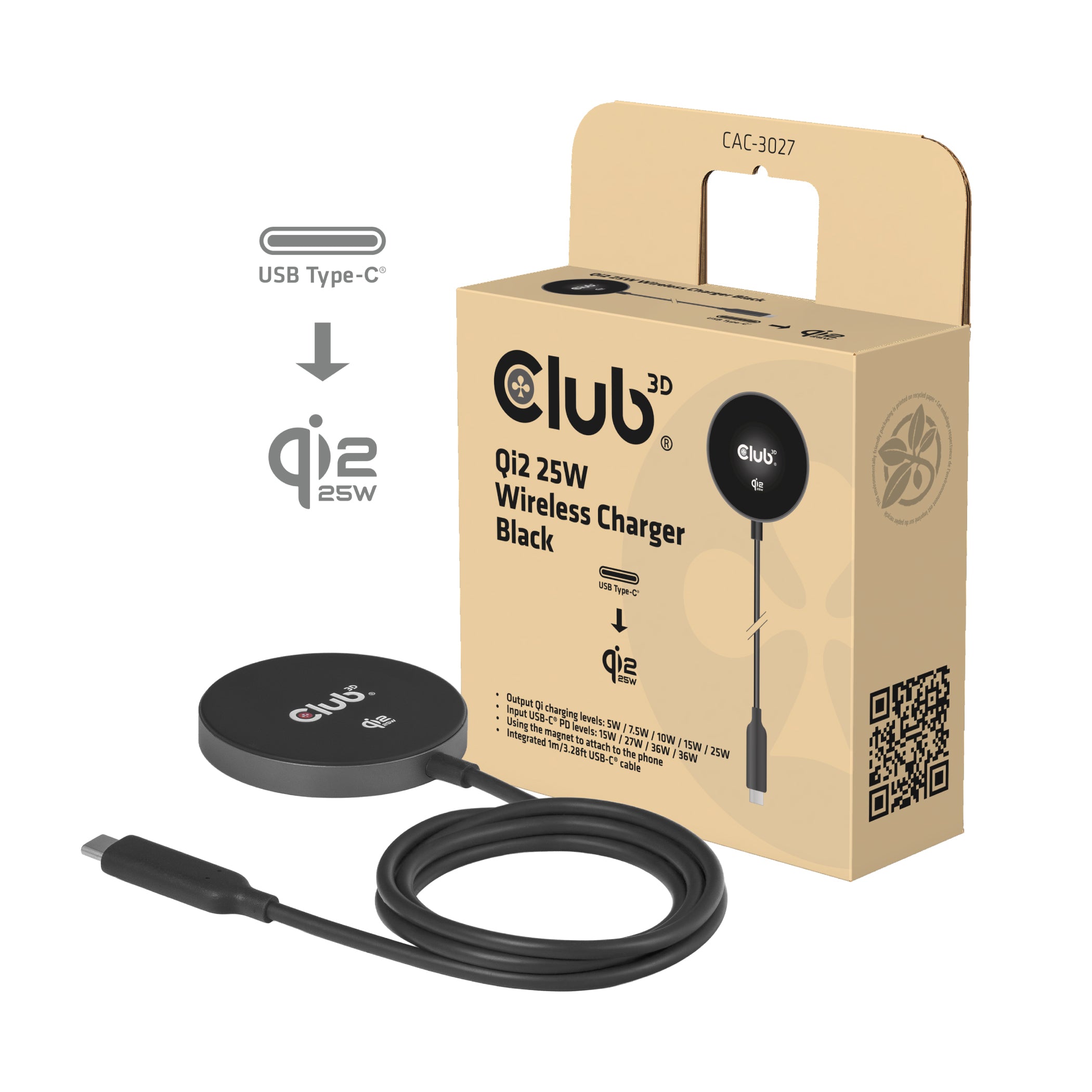 CLUB3D CAC-3027 chargeur d'appareils mobiles Smartphone, Universel Noir CC Recharge sans fil Charge rapide Intérieure