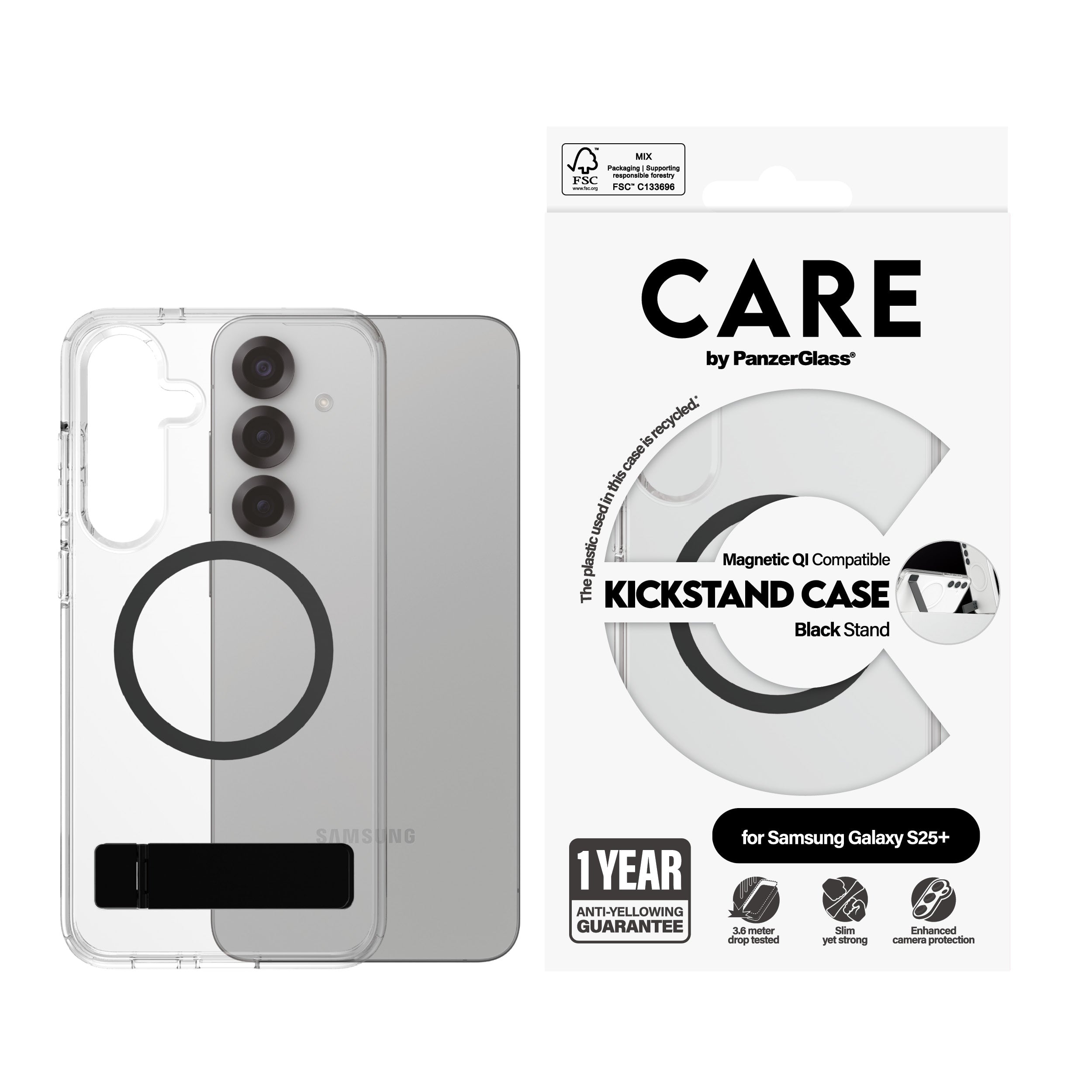 PanzerGlass PanzerGlass CARE™ by ® Case Transparent w. Black Kickstand & Qi Compatible Samsung Galaxy S25+ coque de protection pour téléphones portables Housse