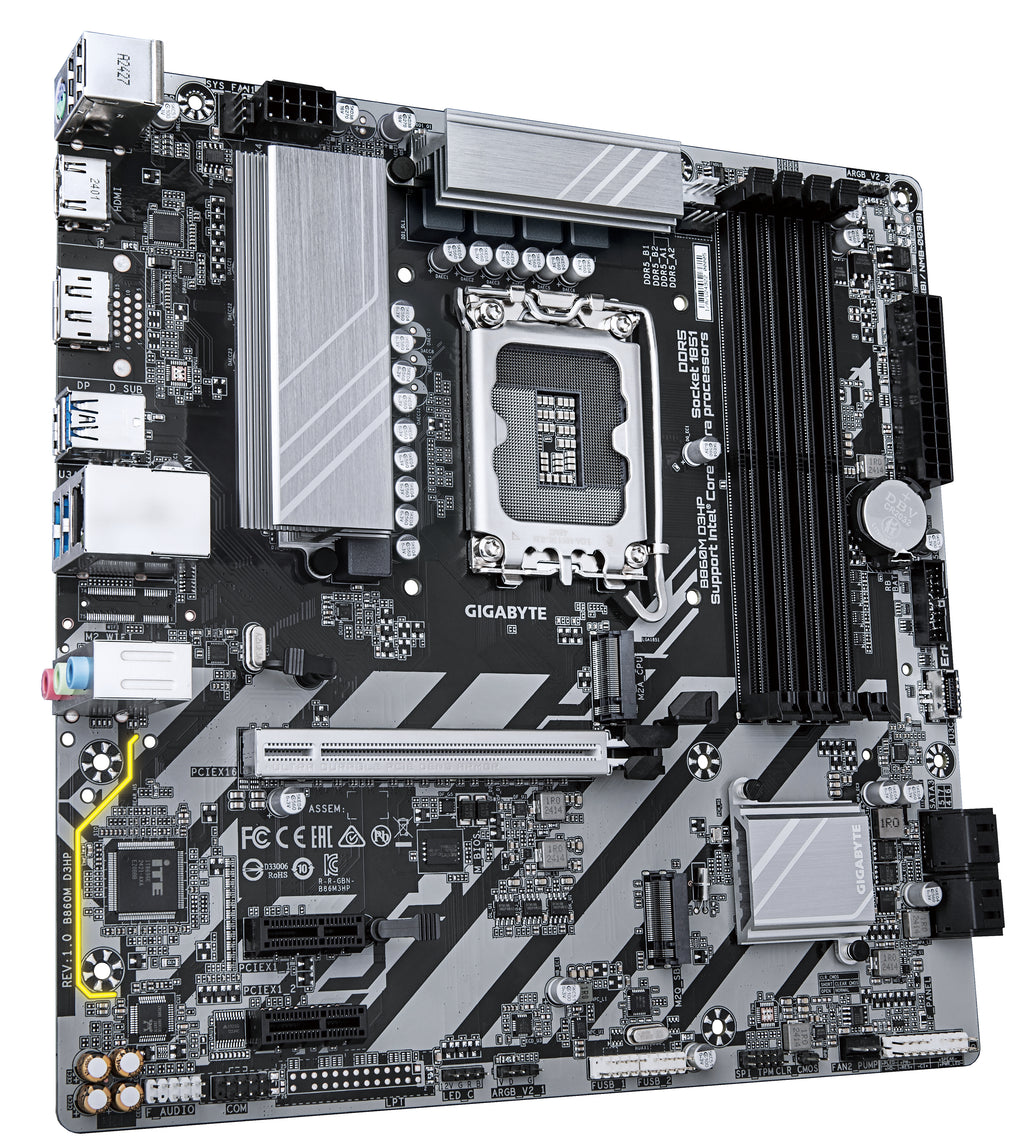 GIGABYTE B860M D3HP Carte mère - Processeurs Intel Core Ultra, VRM 4+1+2+1 phases, jusqu'à 9066MHz DDR5, 2xPCIe 4.0 M.2, LAN GbE, USB 3.2 Gen 1