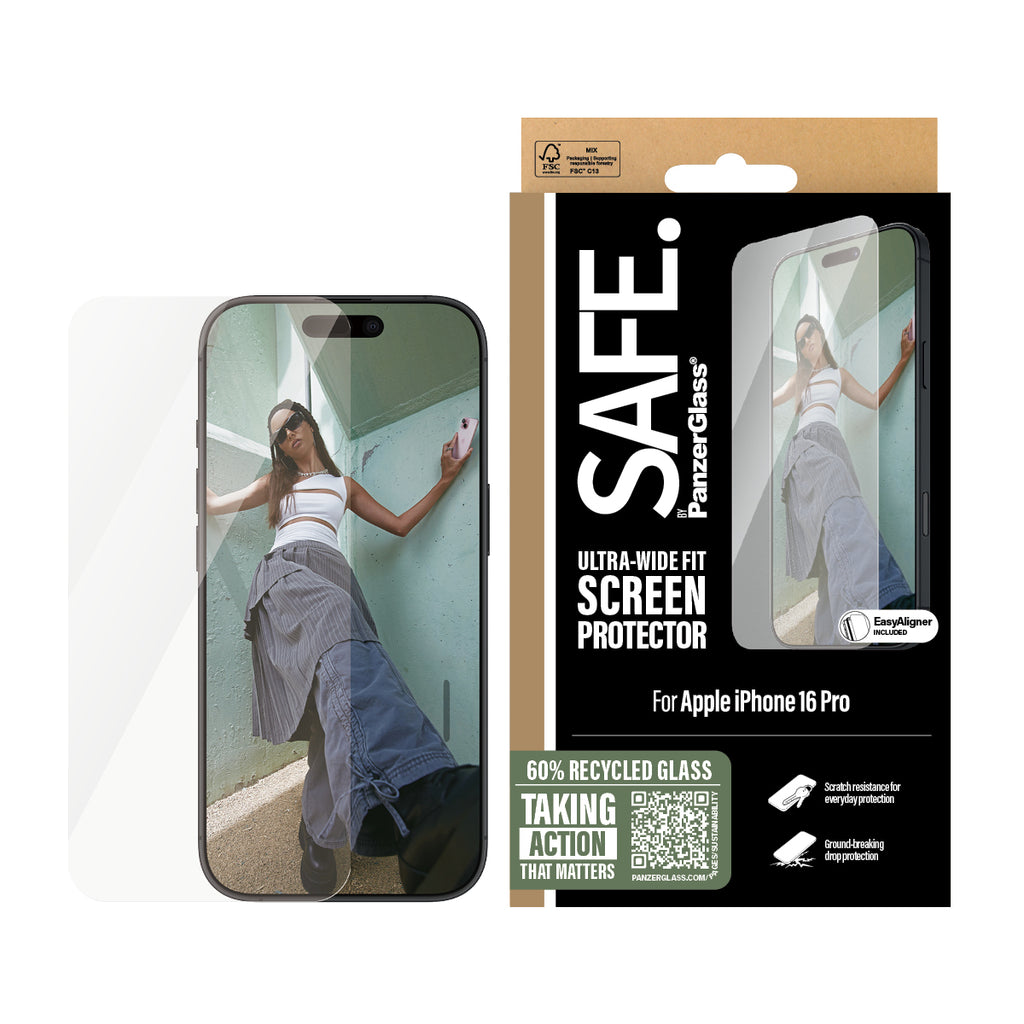 PanzerGlass SAFE. Protection d'écran Ultra-Wide Fit pour iPhone 16 Pro, Transparent