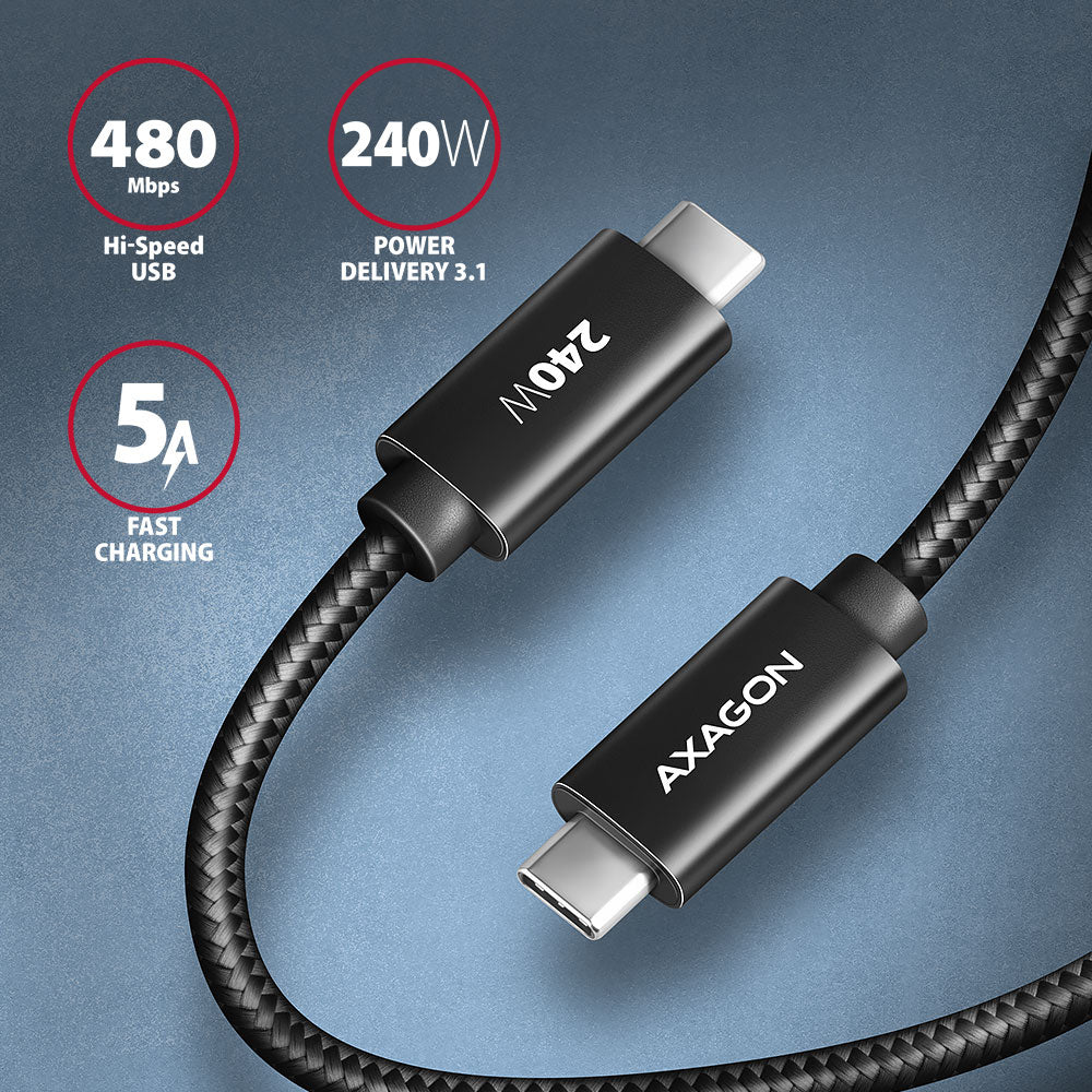 Axagon BUCM2-CM30AB Ladekabel USB-C zu USB-C 2.0, 3 m, PD 240 W 5 A, ALU - Schwarz - 3 Meter langes USB-C zu USB-C Kabel - Daten- und Ladefähig câble USB USB 2.0 USB C 0,48 Gbit/s Noir