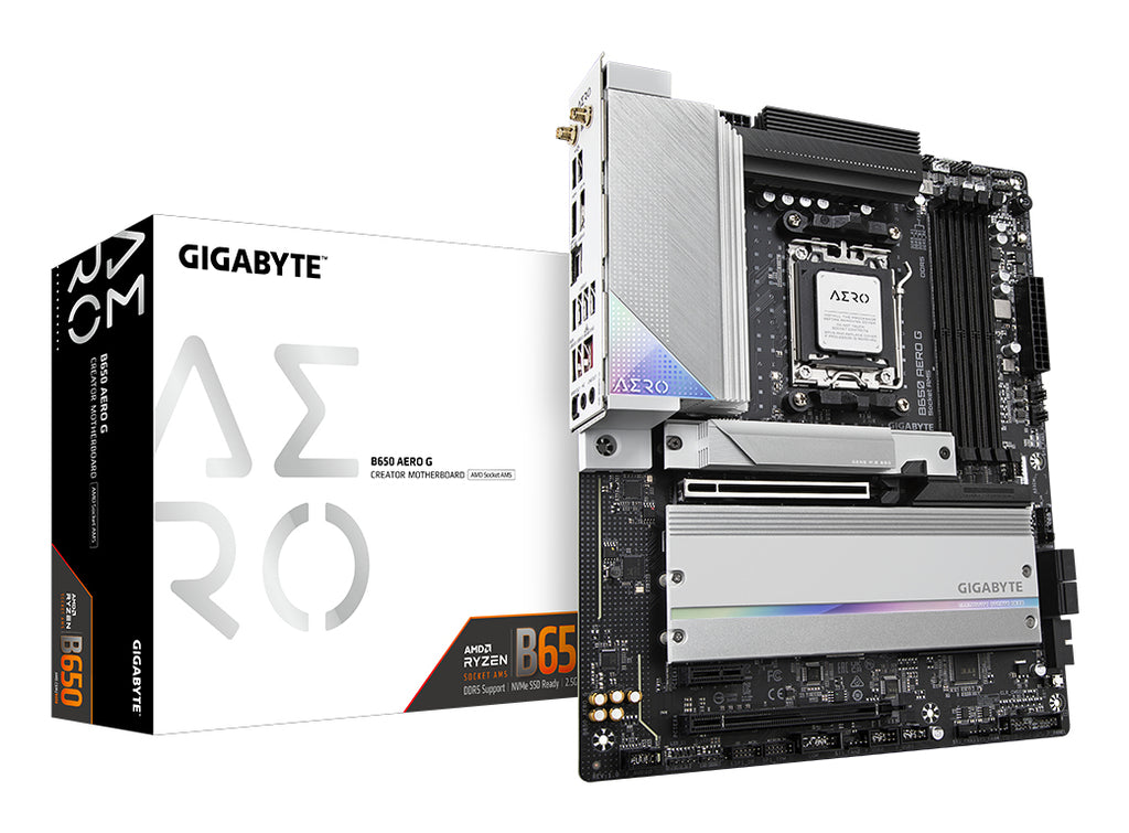 GIGABYTE B650 AERO G Carte mère - Compatible avec les processeurs AMD Ryzen série 9000, jusqu'à 8000 MHz DDR5 (OC), 1xPCIe 5.0 + 2xPCIe 4.0 M.2, LAN 2,5 GbE, WIFI 6E, USB 3.2 Gen 2