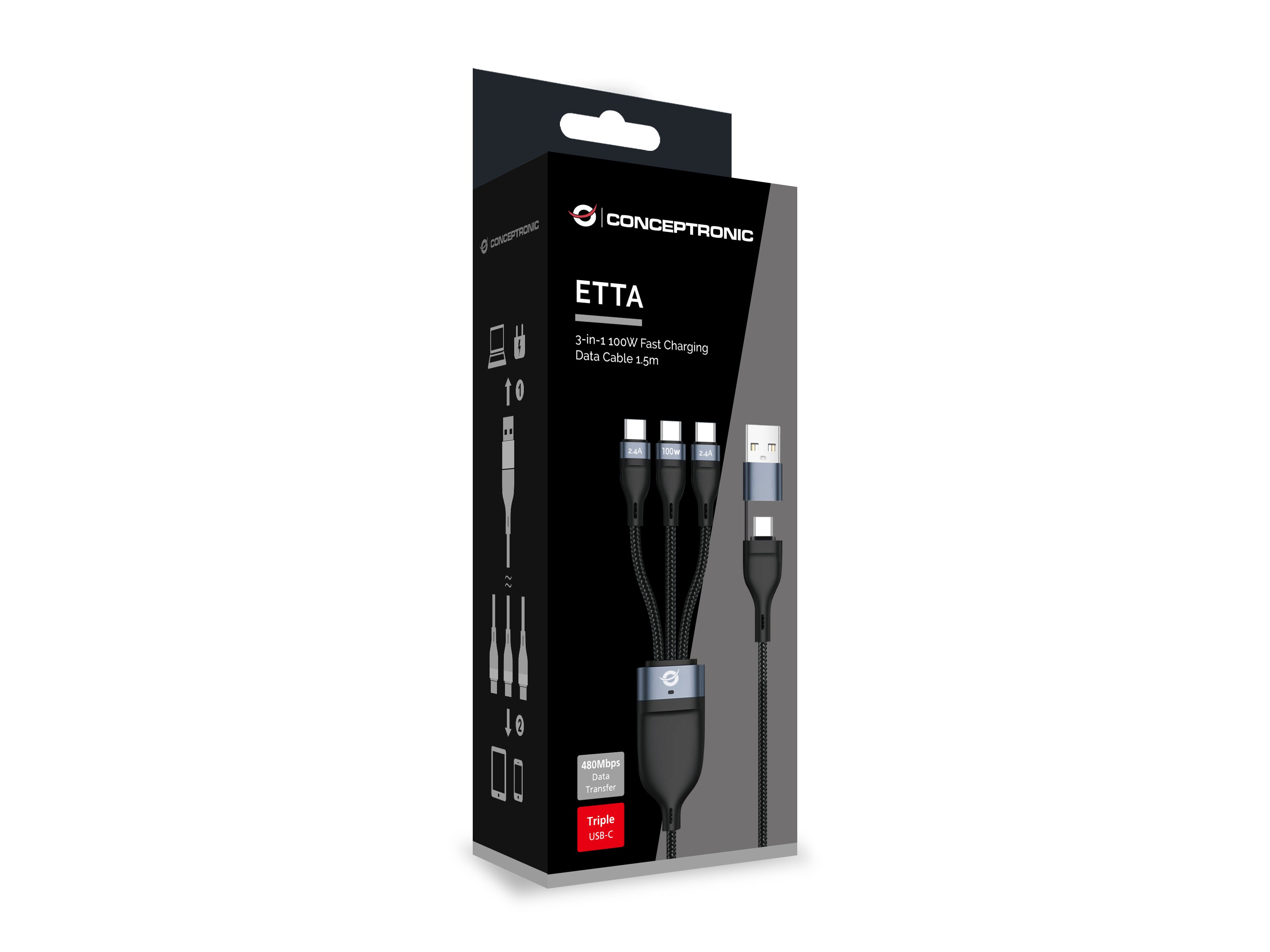 Conceptronic ETTA06B15C câble USB USB 2.0 1,5 m USB A/USB C 3 x USB C 0,48 Gbit/s 100 W Noir