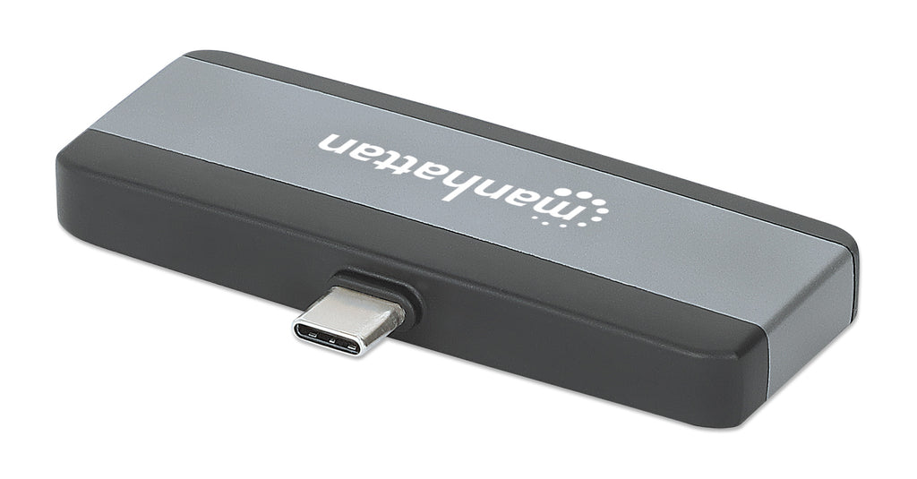 Manhattan Dock/hub de voyage USB-C, 4 ports : HDMI, USB-A, USB-C et audio 3,5 mm, avec Power Delivery (PD) 100 W - nécessite un chargeur USB-C externe (non inclus). Alimenté par USB (aucune alimentation externe requise) lorsque le PD n’est pas utilis