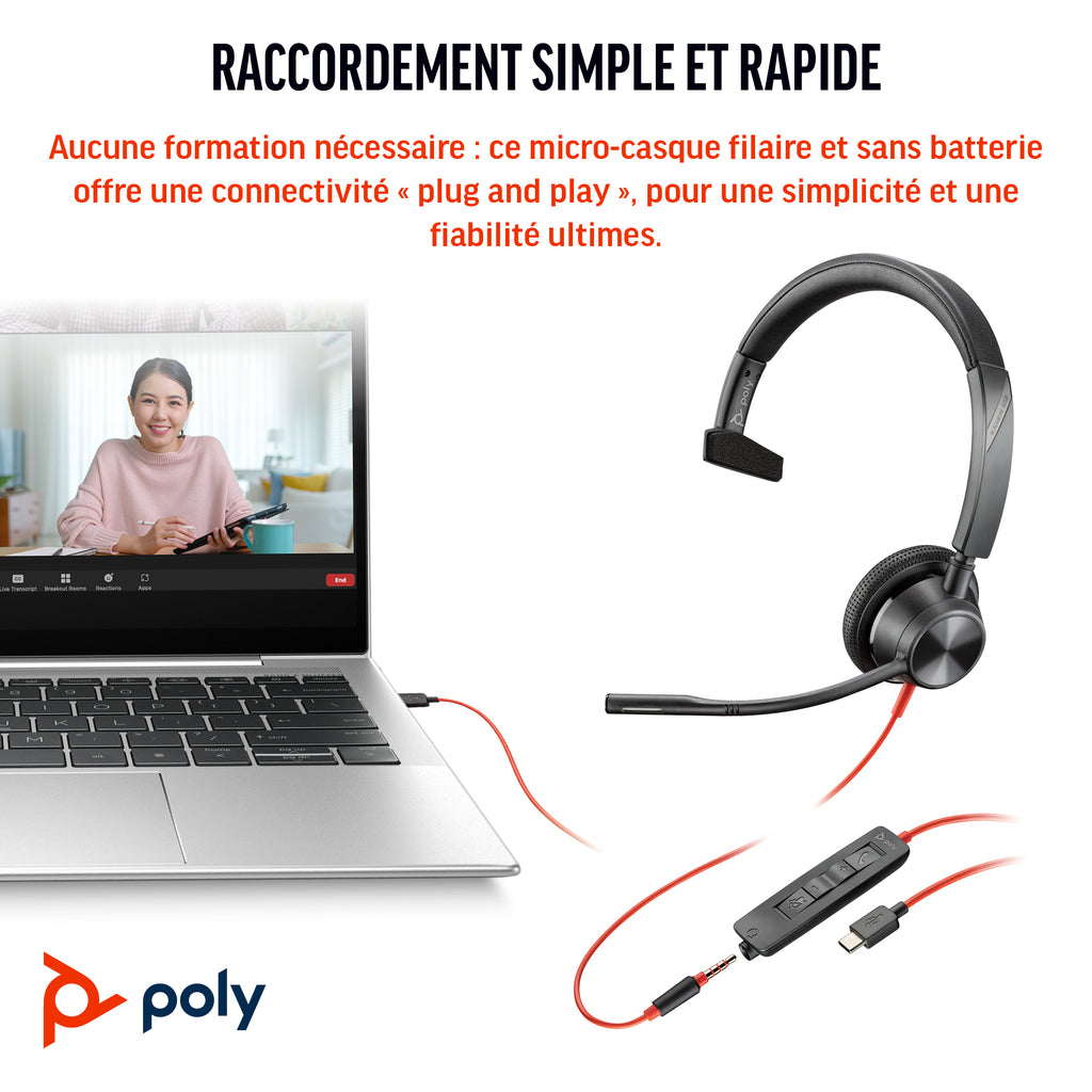 HP Poly Micro-casque Poly Blackwire 3315 monaural USB-C certifié Microsoft Teams + connexion 3,5 mm + adaptateur USB-C/A